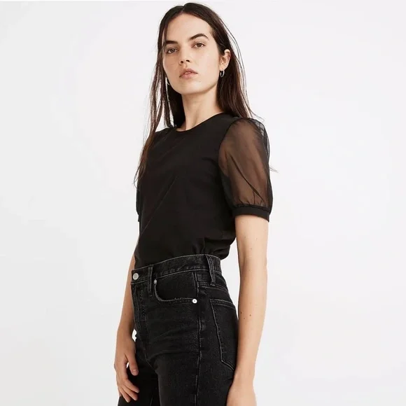 Madewell Sheer Short Sleeve Knit T Shirt in Black Size Medium - Picture 1 of 6